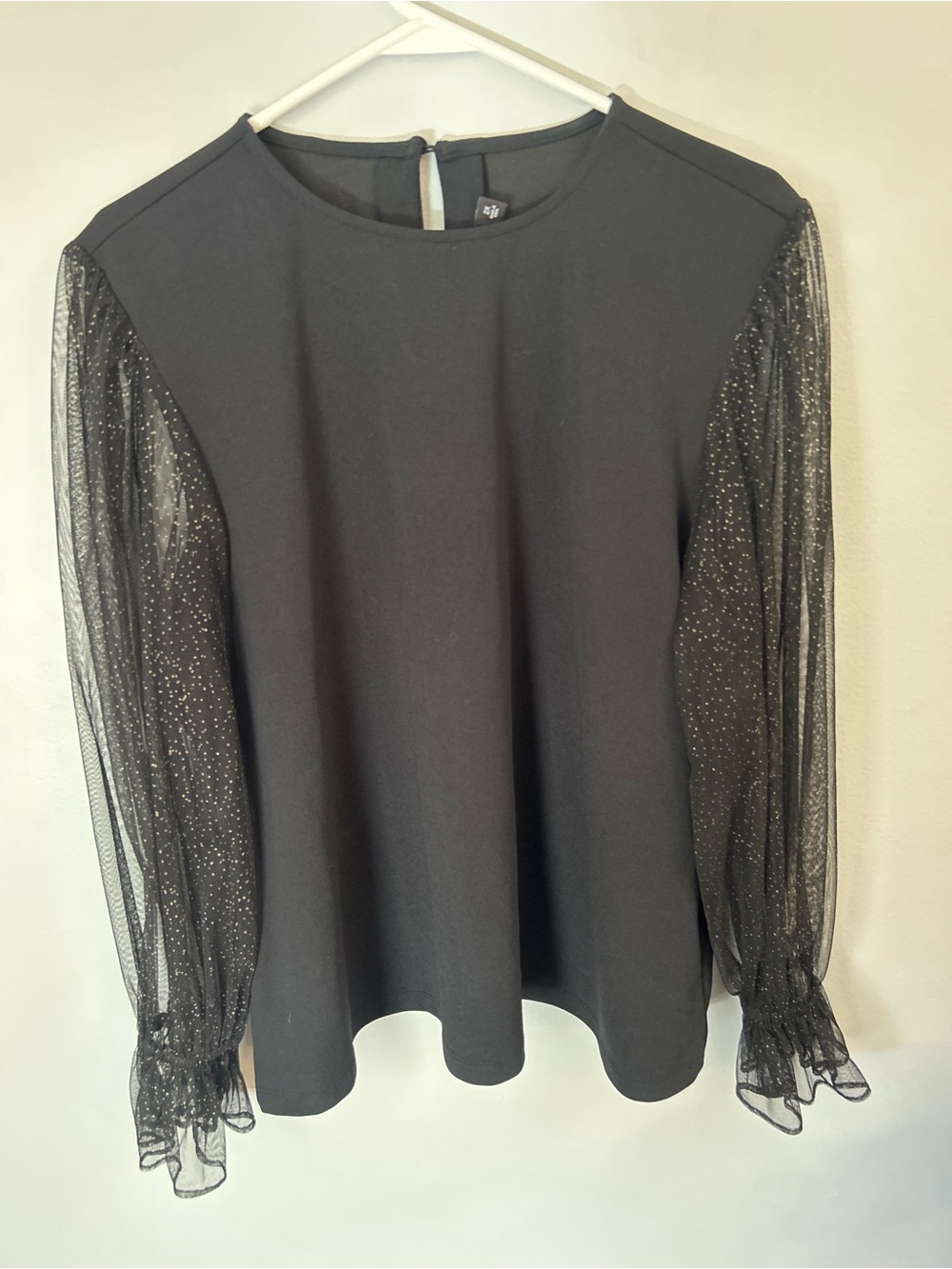 New York & Company Black Long-Sleeve Top with Sparkle Mesh Sleeves